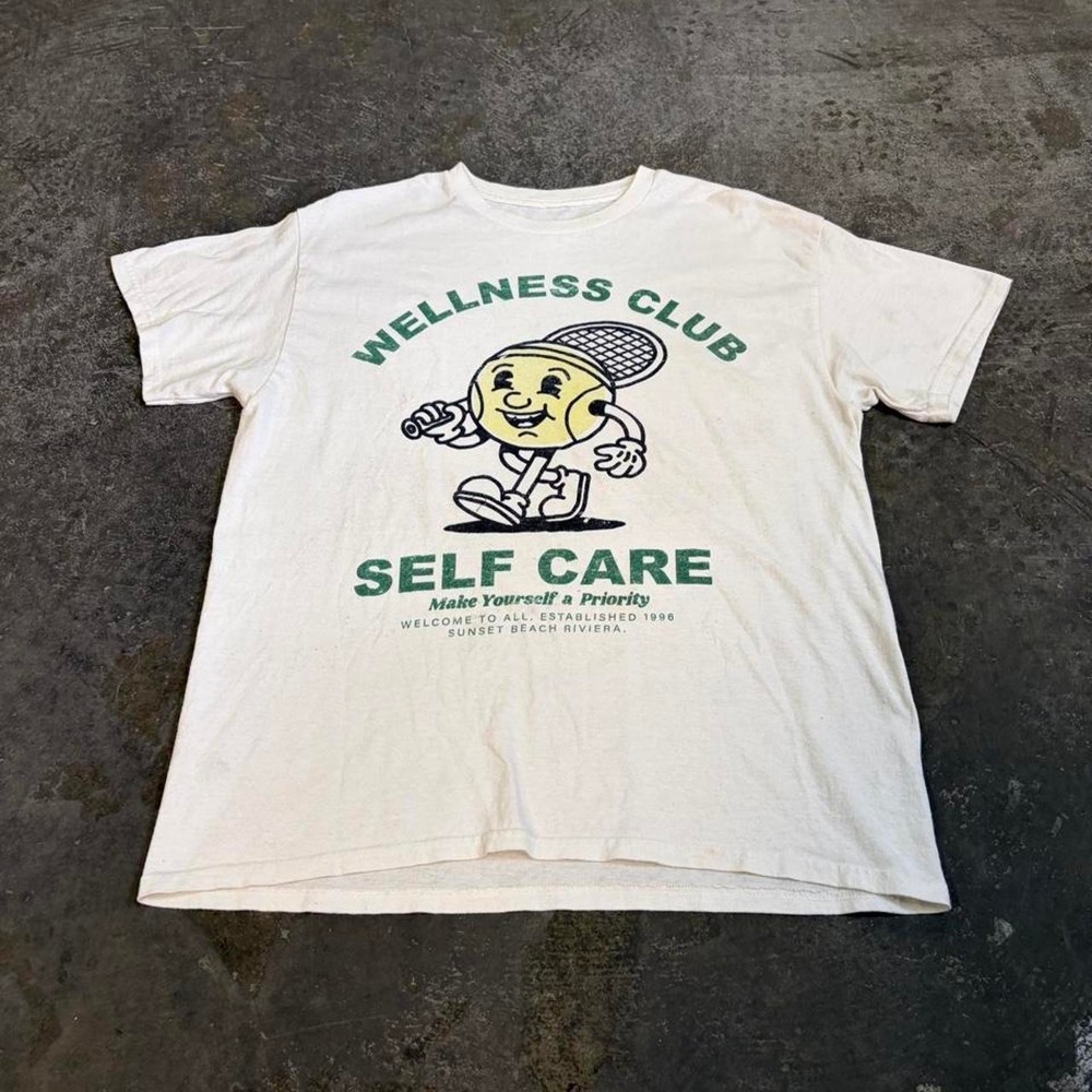 Vintage Wellness Club Self Care Graphic Tee Mens Medium White Cream 2000s Y2K